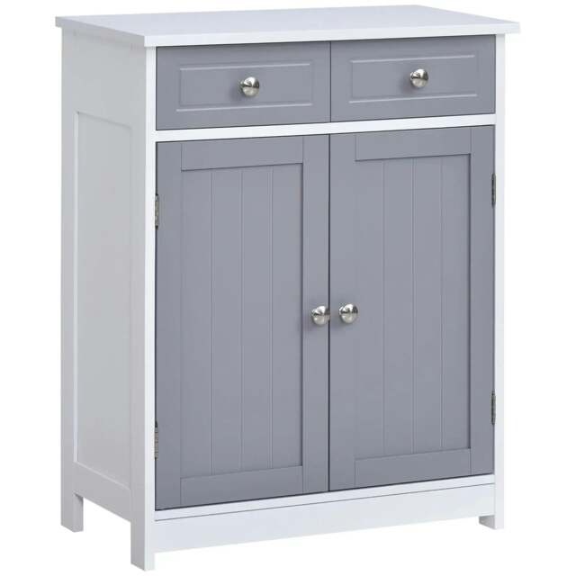 Rackhams 75x60cm Freestanding Bathroom Storage Cabinet Unit w/ 2 Drawers Cupboard Adjustable Shelf Metal Handles Traditional Style Grey White - image 1