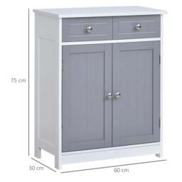 Rackhams 75x60cm Freestanding Bathroom Storage Cabinet Unit w/ 2 Drawers Cupboard Adjustable Shelf Metal Handles Traditional Style Grey White - thumbnail 3
