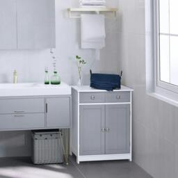 Rackhams 75x60cm Freestanding Bathroom Storage Cabinet Unit w/ 2 Drawers Cupboard Adjustable Shelf Metal Handles Traditional Style Grey White - thumbnail 2