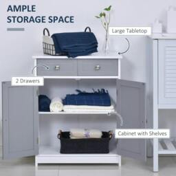 Rackhams 75x60cm Freestanding Bathroom Storage Cabinet Unit w/ 2 Drawers Cupboard Adjustable Shelf Metal Handles Traditional Style Grey White - thumbnail 4