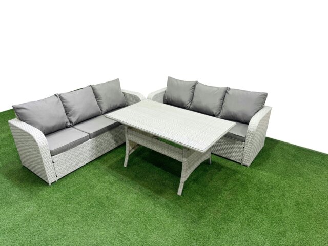 Rackhams Outdoor Garden Furniture Sets 6 Seater Wicker Rattan Furniture Sofa Sets with Rectangular Dining Table high Back Lounge Sofa Light Grey - image 1