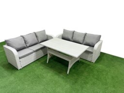 Rackhams Outdoor Garden Furniture Sets 6 Seater Wicker Rattan Furniture Sofa Sets with Rectangular Dining Table high Back Lounge Sofa Light Grey - thumbnail 1