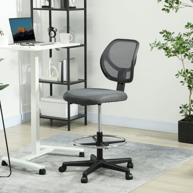 Rackhams Swivel Mesh Office Chair w/ Adjustable Footrest Ring, Charcoal Grey - Charcoal grey - Yes - Draughtsman Chair - image 1