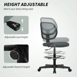 Rackhams Swivel Mesh Office Chair w/ Adjustable Footrest Ring, Charcoal Grey - Charcoal grey - Yes - Draughtsman Chair - thumbnail 3