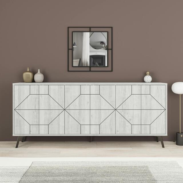 Rackhams Dune Gold Marble Effect Geometric 6 Door Sideboard with Metal Legs (W) 181cm - Ancient White - image 1