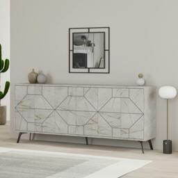 Rackhams Dune Gold Marble Effect Geometric 6 Door Sideboard with Metal Legs (W) 181cm - Ancient White - thumbnail 2