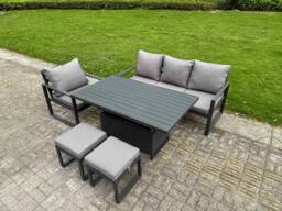 Rackhams Aluminium Outdoor Dining Set Patio Dining Furniture Set Includes Adjustable Rising Lifting Dining Table Chairs with 2 Small Footstools - thumbnail 1