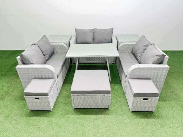 Rackhams Rattan Garden Furniture Dining Set 9 seater Patio Rectangular Table Love Sofa Set with 2 Side Tables 3 Stools - image 1