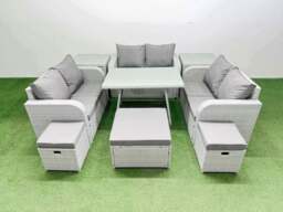 Rackhams Rattan Garden Furniture Dining Set 9 seater Patio Rectangular Table Love Sofa Set with 2 Side Tables 3 Stools - thumbnail 1