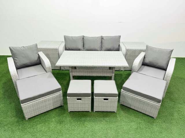 Rackhams PE Rattan Lounge Sofa Set 9 Seater Outdoor Garden Furniture Set with Dining Table 3 Seater Sofa 2 Big Footstools 2 Side Tables Light Grey - image 1