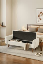 Rackhams 2-Seat Linen Upholstered Storage Bench with Side Arms and Walnut Colored Legs - Beige - thumbnail 2