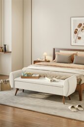 Rackhams 2-Seat Linen Upholstered Storage Bench with Side Arms and Walnut Colored Legs - Beige