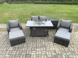 Rackhams Rattan Garden Furniture Set Outdoor Patio Gas Fire Pit Dining Table and Chairs with Love seat Sofa 2 Footstools Side Table - thumbnail 1
