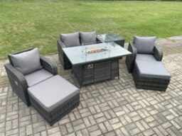 Rackhams Rattan Garden Furniture Set Outdoor Patio Gas Fire Pit Dining Table and Chairs with Love seat Sofa 2 Footstools Side Table - thumbnail 2