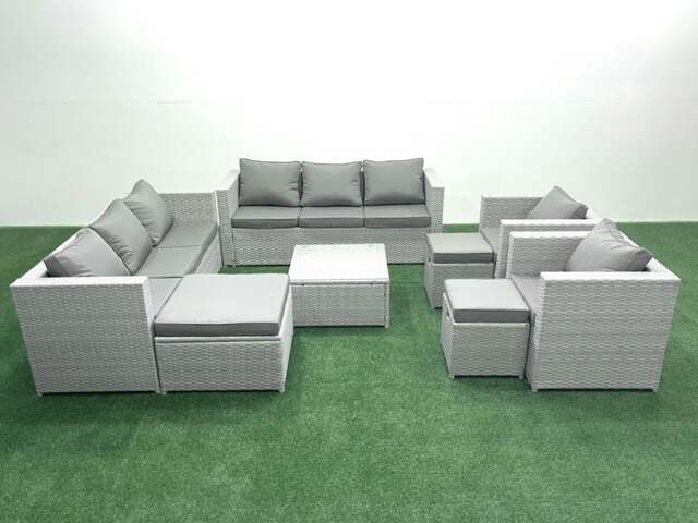 Rackhams Outdoor Rattan Sofa Garden Furniture Set with 2 Armchairs Square Coffee Table 3 Footstools Light Grey Mixed - image 1