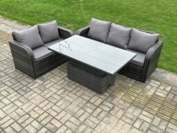Rackhams Outdoor Rattan Garden Furniture Sets Height Adjustable Rising lifting Dining Table Lounge Sofa Set Dark Grey Mixed - thumbnail 2