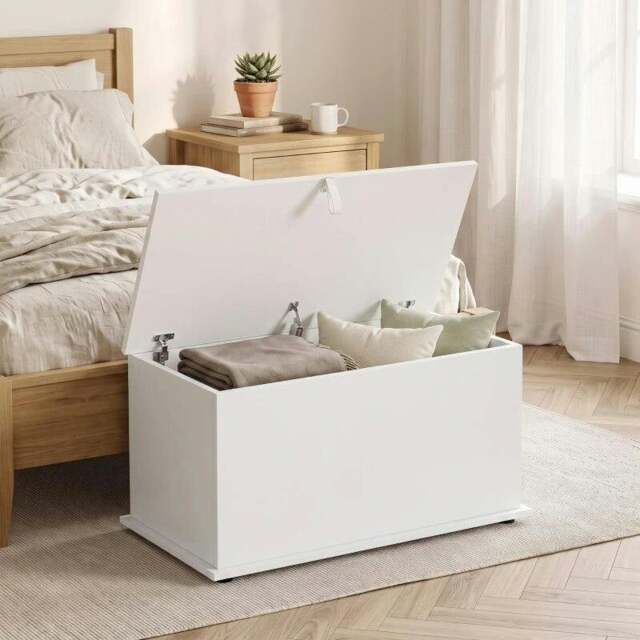 Rackhams Storage Chest, 102L Blanket Box, Shoe Bench with Safety Hinged Lid, Bed End Bench for Bedroom, 80 x 40 x 45cm, White - White - image 1