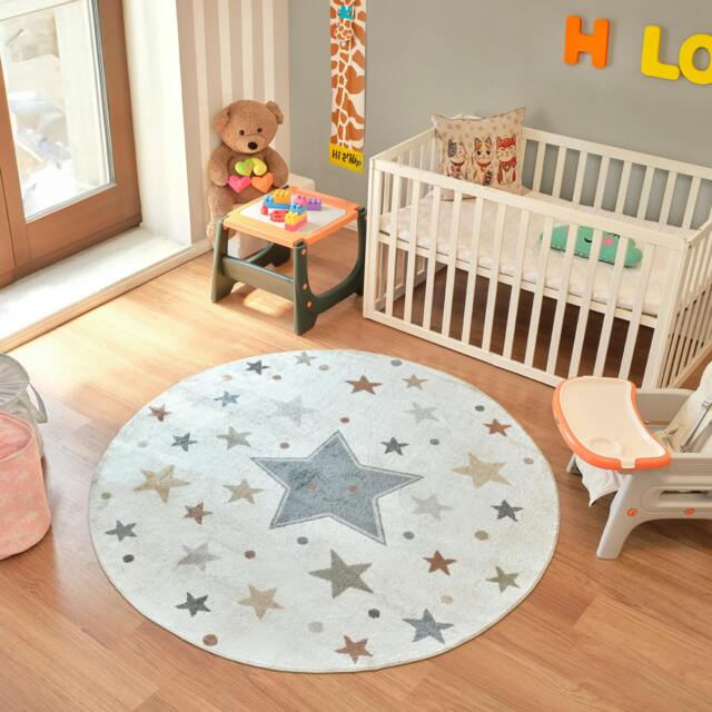 Rackhams Lillian-Kids Beige Blue Orange Green Washable Rug for Children's Rooms - 160cm_diameter - image 1