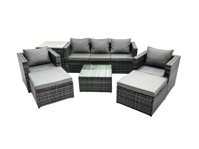 Rackhams Outdoor Rattan Garden Furniture Set 7 Seater Patio Lounge Sofa Set with Armchair Square Coffee Table Side Table 2 Big Footstool Dark Grey Mixed - image 1