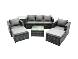 Rackhams Outdoor Rattan Garden Furniture Set 7 Seater Patio Lounge Sofa Set with Armchair Square Coffee Table Side Table 2 Big Footstool Dark Grey Mixed - thumbnail 1