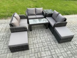 Rackhams 7-Piece Rattan Garden Furniture Set - Dark Grey Mixed Wicker Sofa with Rectangular Coffee Table & 2 Big Footstools - thumbnail 2