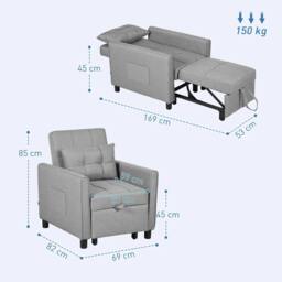 Rackhams Linen-Look Single Chair Bed - Light Grey - thumbnail 3