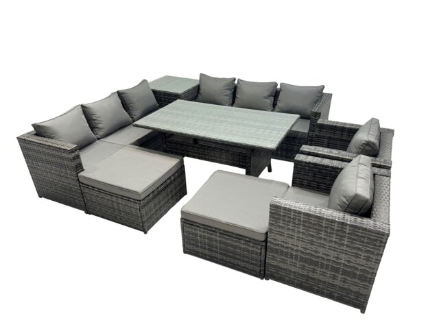 Rackhams Outdoor Corner Sofa Chair Dining Table Set Garden Rattan Furniture Set 10 Seater with Side Table 2 Big Stools Dark Grey - image 1