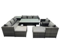 Rackhams Outdoor Corner Sofa Chair Dining Table Set Garden Rattan Furniture Set 10 Seater with Side Table 2 Big Stools Dark Grey - thumbnail 2