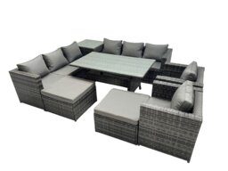 Rackhams Outdoor Corner Sofa Chair Dining Table Set Garden Rattan Furniture Set 10 Seater with Side Table 2 Big Stools Dark Grey - thumbnail 1