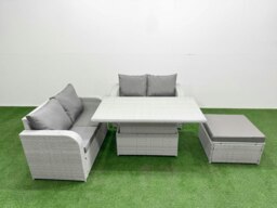 Rackhams 5 Seater Outdoor Love Sofa Set Rattan Garden Furniture Set with Adjustable Lifting Dining or Coffee Table Big Footstool Light Grey - thumbnail 1