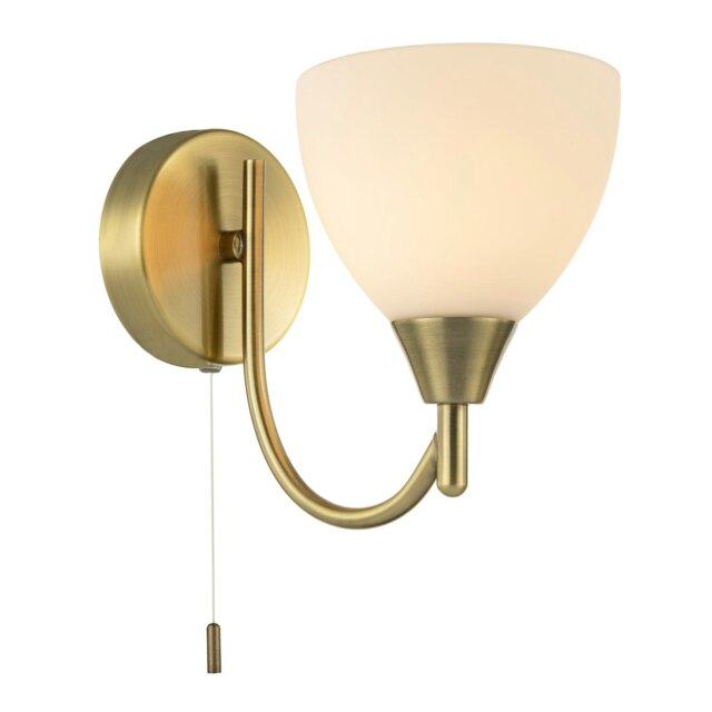 Rackhams Contemporary Pull Switched Wall Light in Antique Brass with White Glass Shade - image 1