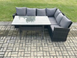 Rackhams 6 Seater Garden Rattan Furniture Corner Sofa Dining Table Set with Temper Glass and Cushions Indoor Outdoor Lounge Sofa Set - thumbnail 2