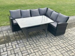 Rackhams 6 Seater Garden Rattan Furniture Corner Sofa Dining Table Set with Temper Glass and Cushions Indoor Outdoor Lounge Sofa Set