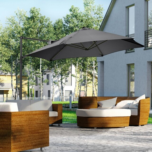 Rackhams 2.5M Garden Cantilever Parasol, Offset Roma Patio Umbrella Hanging Sun Shade Canopy Shelter with 360° Rotation and Cross Base, Beige - Dark Grey - Φ256 x 245H cm - image 1
