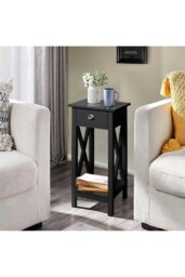 Rackhams 2 Tier Wooden Slim Side Table Bedside Sofa Side Table with Drawer&Shelf Wood Nightstand - Black - thumbnail 3