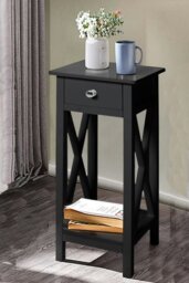 Rackhams 2 Tier Wooden Slim Side Table Bedside Sofa Side Table with Drawer&Shelf Wood Nightstand - Black
