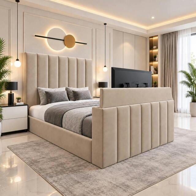 Rackhams Velmora Luxury Upholstered TV Bed with Tall Panel Headboard - Super King - Solid Wood - Beige - image 1