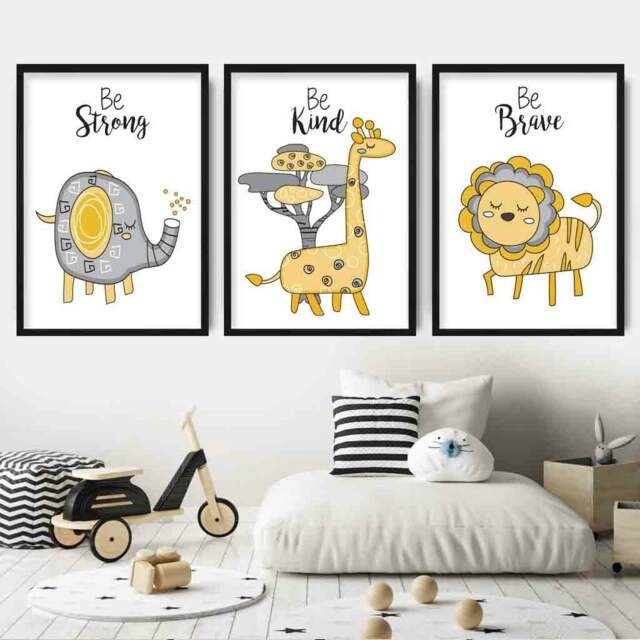 Rackhams Nursery Set of 3 FRAMED JUNGLE Animals Yellow Art Prints - 42x59cm (A2) - Black - image 1