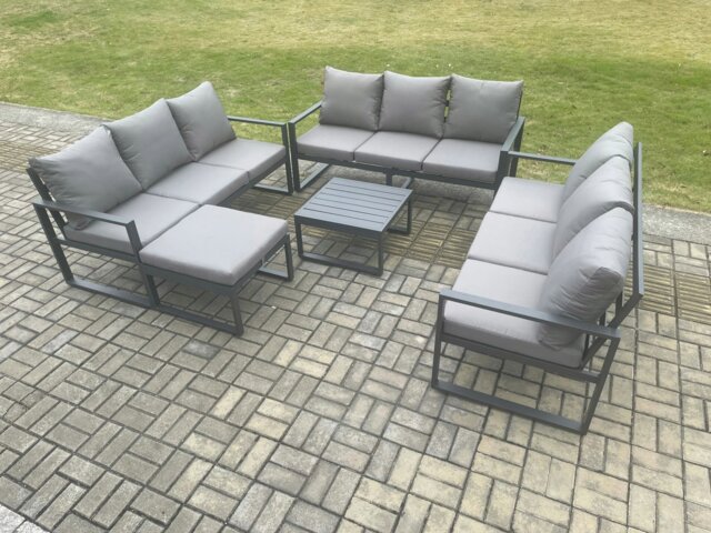 Rackhams Aluminium 10 Seater Outdoor Garden Furniture Set Patio Lounge Sofa with Square Coffee Table Big Footstool Conservatory Set Dark Grey - image 1