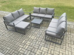 Rackhams Aluminium 10 Seater Outdoor Garden Furniture Set Patio Lounge Sofa with Square Coffee Table Big Footstool Conservatory Set Dark Grey - thumbnail 1