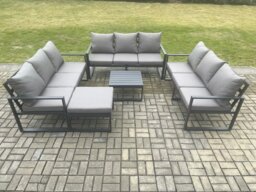 Rackhams Aluminium 10 Seater Outdoor Garden Furniture Set Patio Lounge Sofa with Square Coffee Table Big Footstool Conservatory Set Dark Grey - thumbnail 2