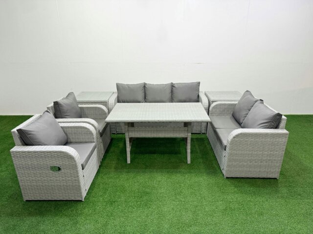 Rackhams PE Rattan Garden Furniture Set Reclining Chair Sofa Double Love Seat 2 Seater Sofa Lounge Set Rectangular Dining Table 2 Side Table Light Grey - image 1