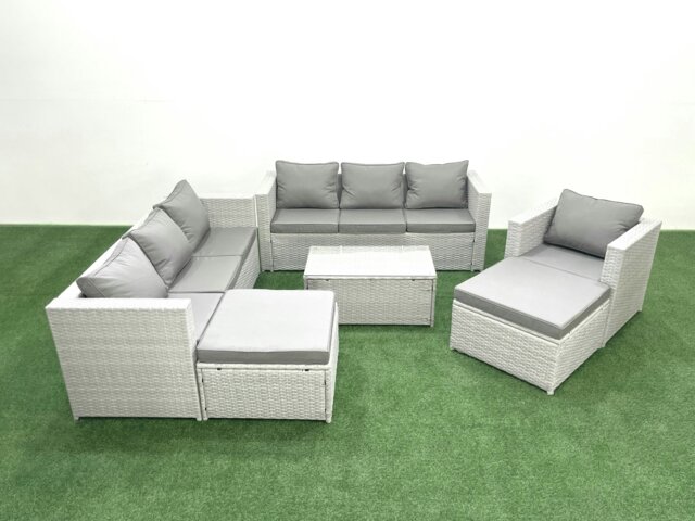 Rackhams Wicker PE Rattan Sofa Garden Furniture Set with Armchair Oblong Coffee Table 2 Big Footstools Light Grey Mixed - image 1