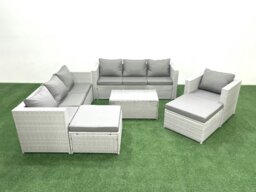 Rackhams Wicker PE Rattan Sofa Garden Furniture Set with Armchair Oblong Coffee Table 2 Big Footstools Light Grey Mixed - thumbnail 2