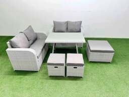 Rackhams 7 Seater Outdoor Love Sofa Set Rattan Garden Furniture Set with Rectangular Dining Table 3 Footstools Light Grey - thumbnail 1