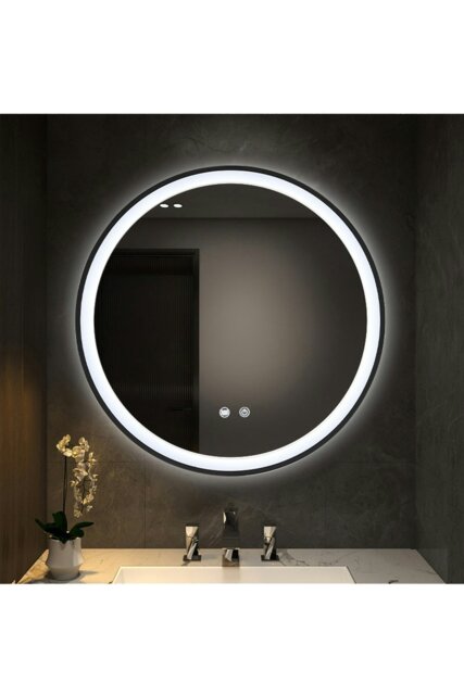 Rackhams D80cm Round Metal Framed LED Bathroom Wall Mirror - Black - image 1
