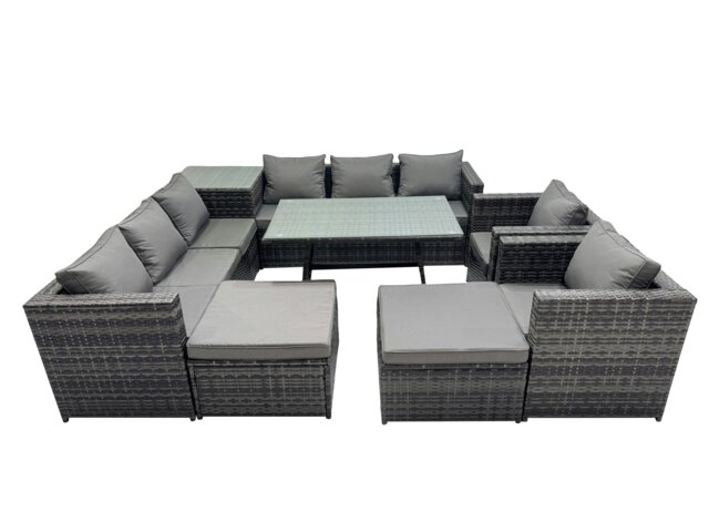 Rackhams Outdoor Corner Sofa Chair Dining Table Set Garden Rattan Furniture Set 10 Seater with 2 Big Stools Dark Grey - image 1