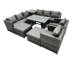 Rackhams Outdoor Corner Sofa Chair Dining Table Set Garden Rattan Furniture Set 10 Seater with 2 Big Stools Dark Grey - thumbnail 2