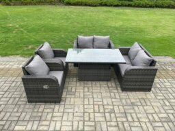 Rackhams Rattan Furniture Outdoor Garden Dining Set Patio Height Adjustable Rising lifting Table Love Sofa Chair Set - thumbnail 2