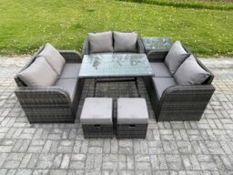 Rackhams Rattan Garden Furniture Set 8 Seater Patio Outdoor Love Sofa Set with Rectangular Dining Table Side Table 2 Small Footstools Dark Grey Mixed - thumbnail 2